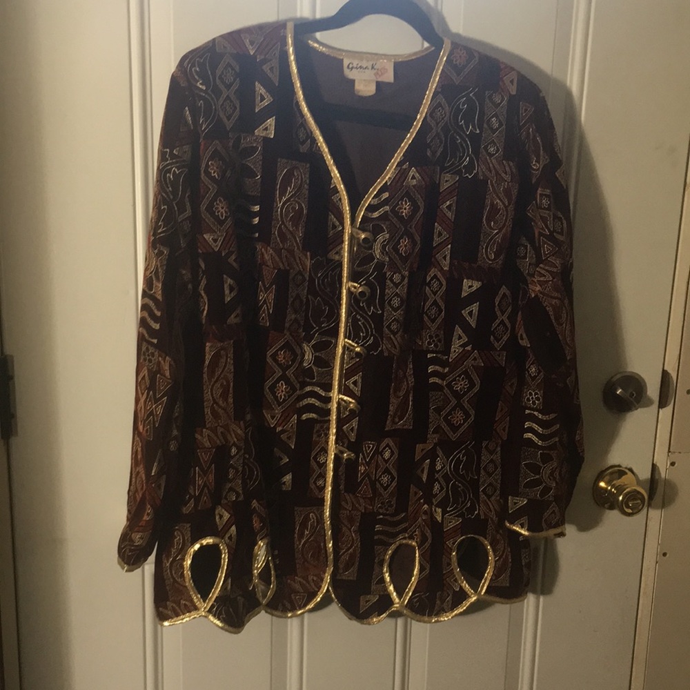 Gina K. U.S.A. Plus acetate and nylon burgundy and gold trimmed Shacket size 1X